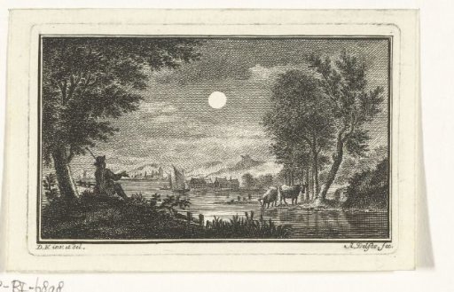 River view with shepherd in moonlight