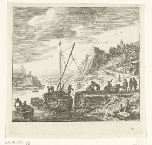 River View with Men Loading Casks onto a Sailing Ship