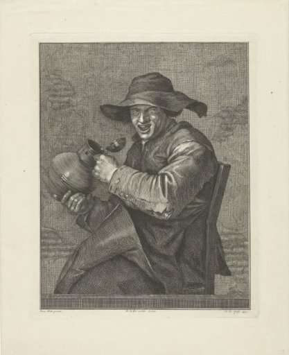 Smiling man on a chair with a jug in his hand