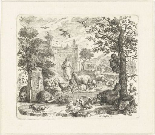 Garden with man and animals