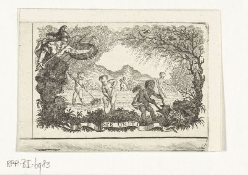 Minerva by a field being cultivated by putti