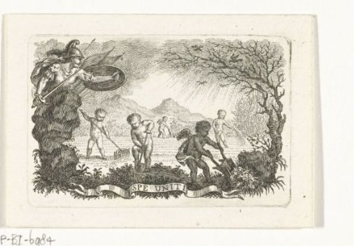 Minerva by a field being cultivated by putti