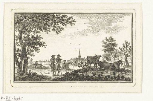 River landscape with walkers and a draftsman near a village