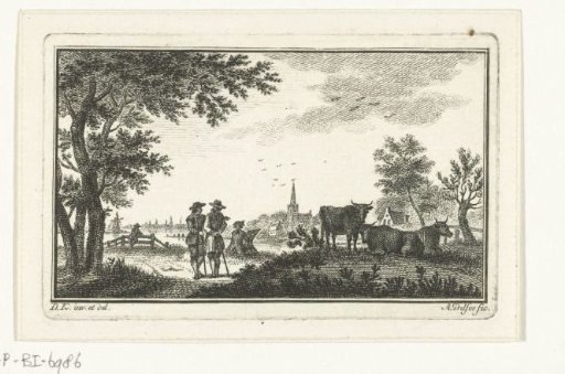 River landscape with walkers and a draftsman near a village