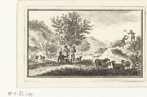 Dune landscape with resting shepherds and men catching butterflies