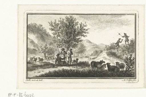 Dune landscape with resting shepherds and men catching butterflies