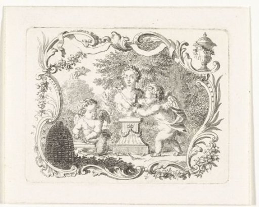 Two Putti with Bust of Pan and Beehive in Cartouche