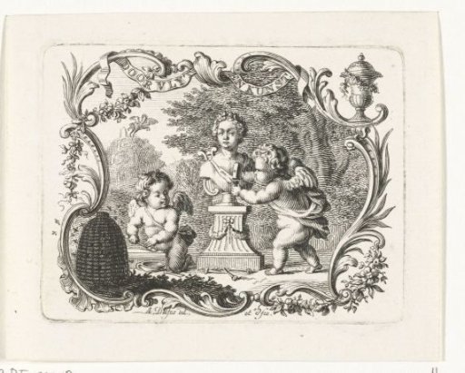 Two Putti with Bust of Pan and Beehive in Cartouche