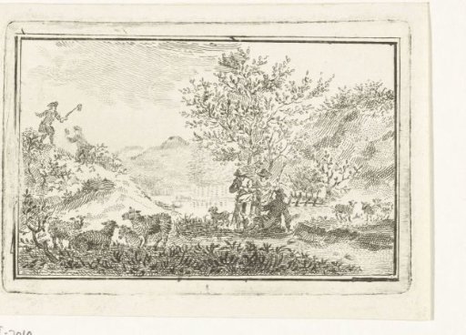 Dune landscape with resting shepherds and men catching butterflies