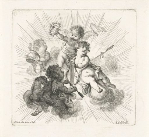 Title Vignette with Four Putti with Lyre, Flower Wreath, Helmet and Masks