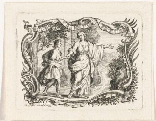 Vignette with Virtue Leading the Way for a Young Man, in Cartouche