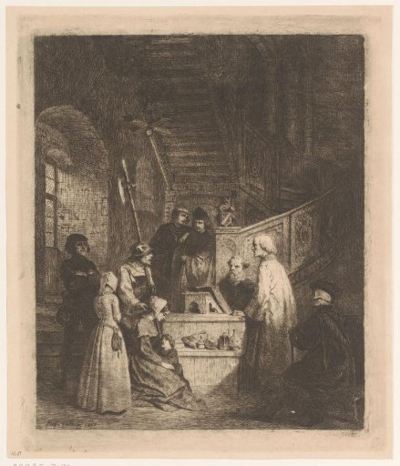 Figures Before a Judge with a Staircase in the Background