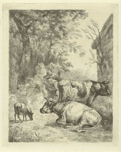 Farmyard with Two Cows, a Kid Goat, and a Chatting Couple