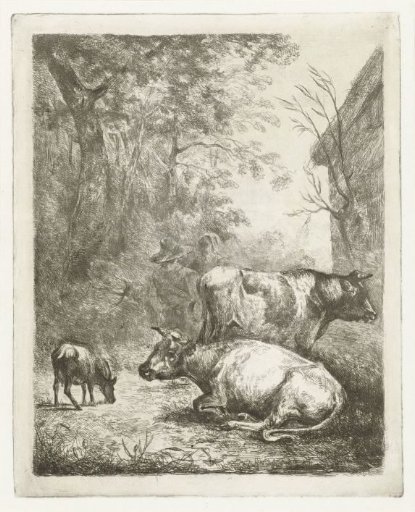 Farmyard with Two Cows, a Kid Goat, and a Chatting Couple