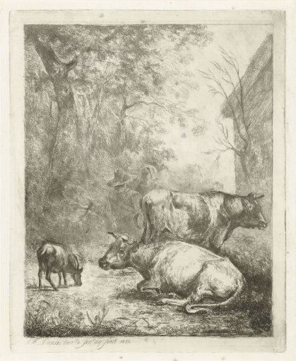 Farmyard with Two Cows, a Kid Goat, and a Chatting Couple