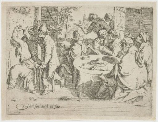 Three beggars and a woman at a table in an inn