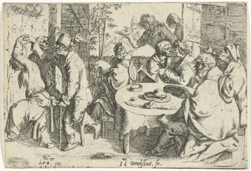 Three beggars and a woman at a table in an inn