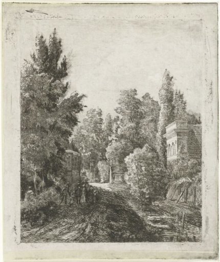 Village street with a walking party