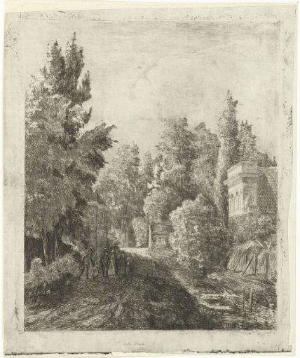 Village street with a walking party