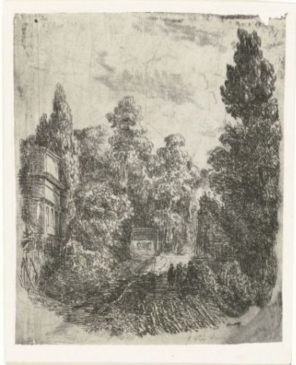 Landscape with three walkers on a road