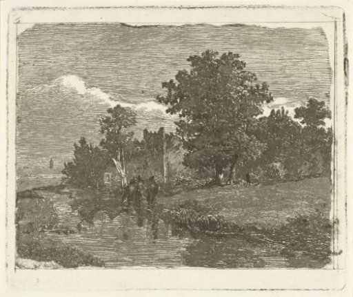 Landscape with a river and three fishermen on the water's edge
