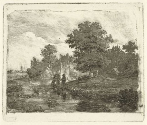 Landscape with a river and three fishermen on the water's edge