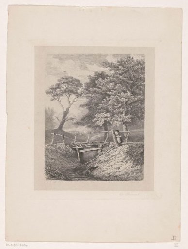 Girl with dog by wooden bridge