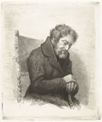 Seated elderly man with walking stick in his hands