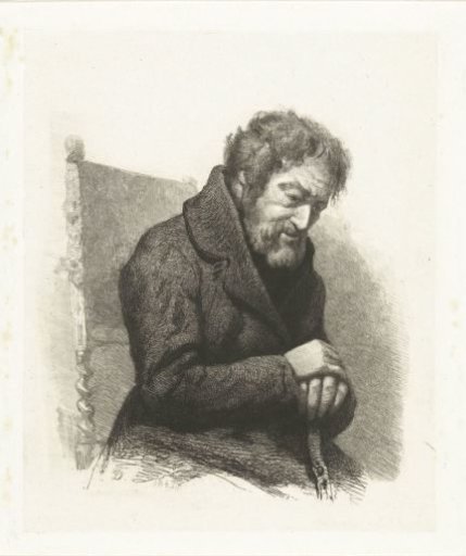 Seated elderly man with walking stick in his hands