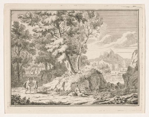 Arcadian landscape with two travelers by a waterfall