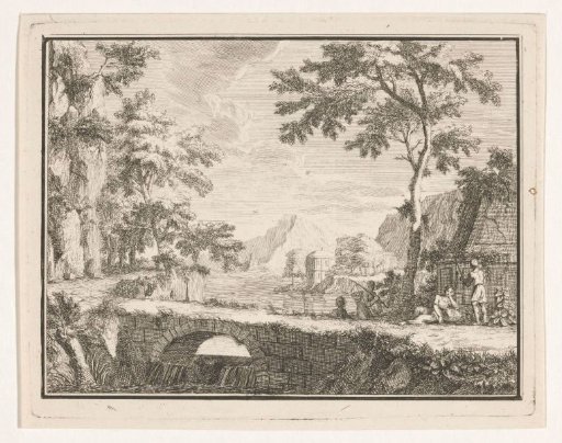 Arcadian landscape with fishermen by a stone bridge