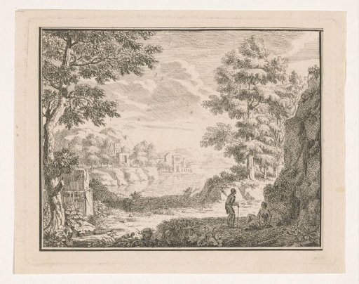 Arcadian landscape with two travelers resting in the shade