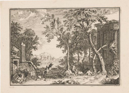 Arcadian landscape with a shepherd among ruins