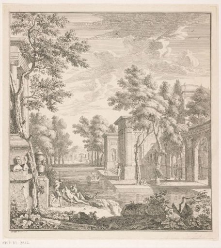 Arcadian landscape with men and women by a temple