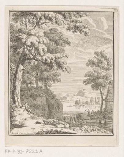 Arcadian landscape with a shepherd by a waterfall
