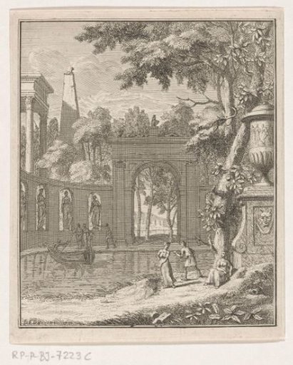 Arcadian landscape with shepherds by a statue colonnade