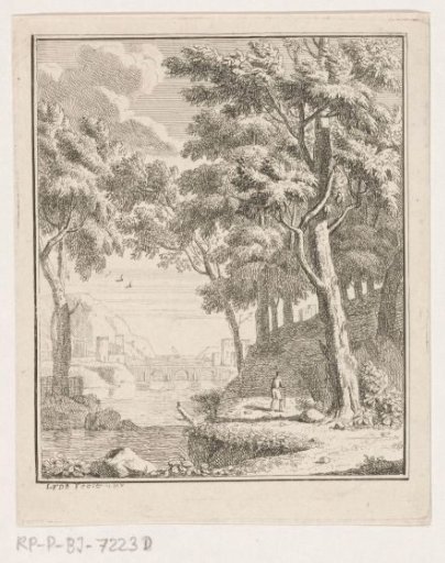Arcadian landscape with a shepherd by a river, a bridge in the distance