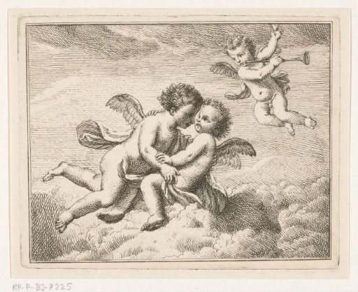 Three putti in the clouds, one with a trumpet