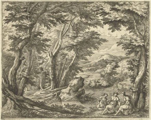 Landscape with four young women on the bank of a river