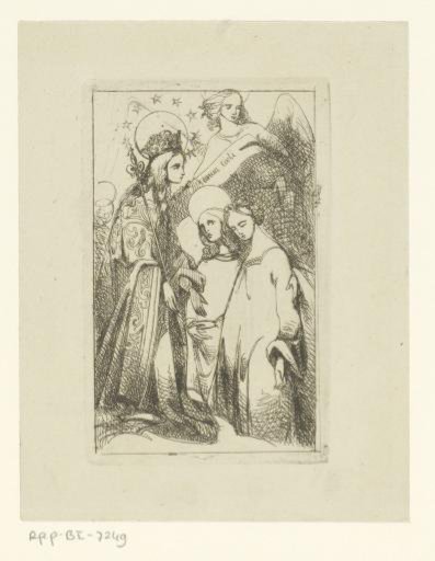 Two angels lead a woman before Mary in heaven
