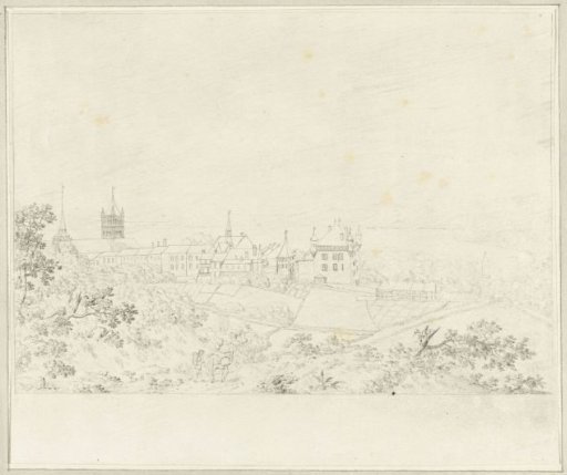 View of the cathedral of Lausanne and the Lake of Geneva