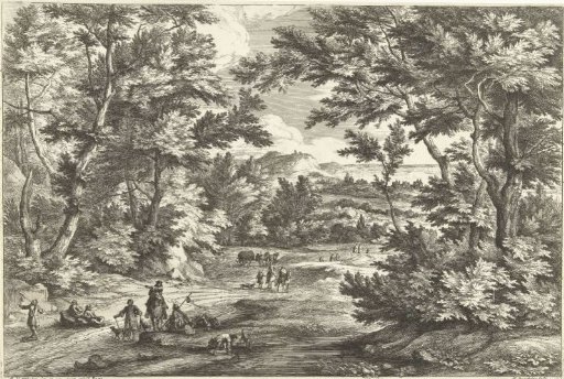Landscape with a man and dog drinking from a pool