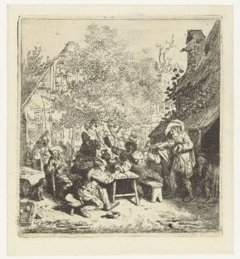 Violin player with a drinking company in front of an inn