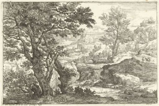 Landscape with a bridge and waterfall