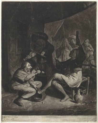 Musicians and a man offering tobacco