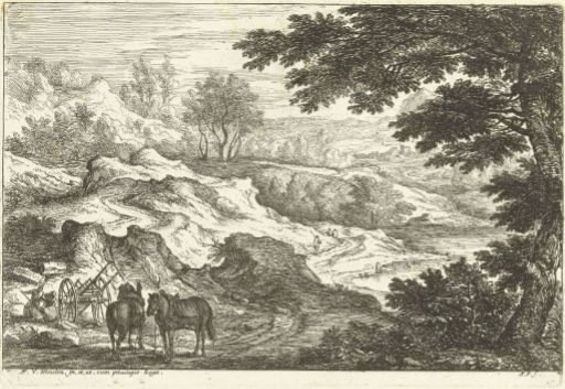 Landscape with two horses on the left