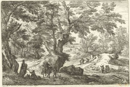 Landscape with horsemen and walkers on a road