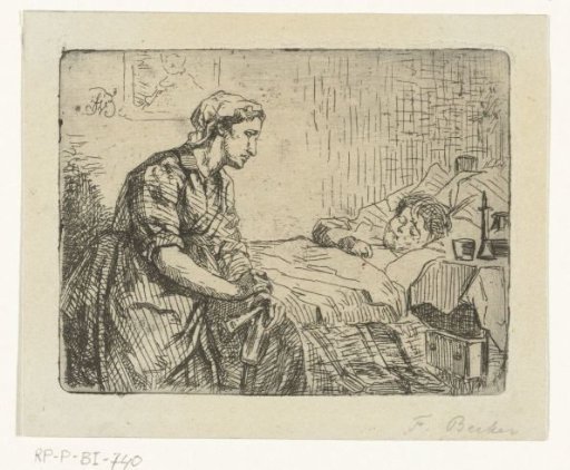 Woman Beside a Bed with a Sick Child