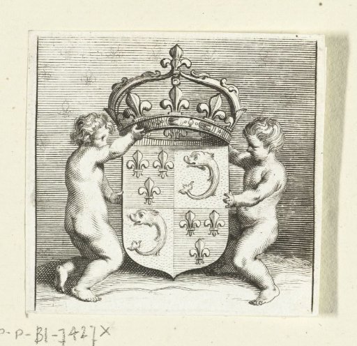 Two cherubs at a crowned coat of arms