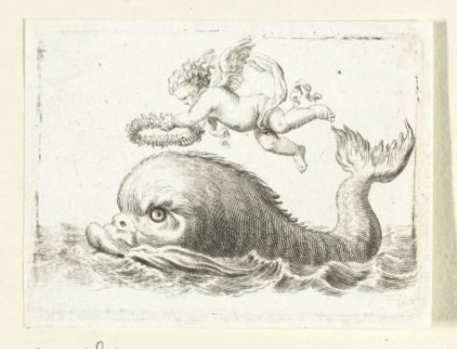 Whale with a floral wreath held by a cherub